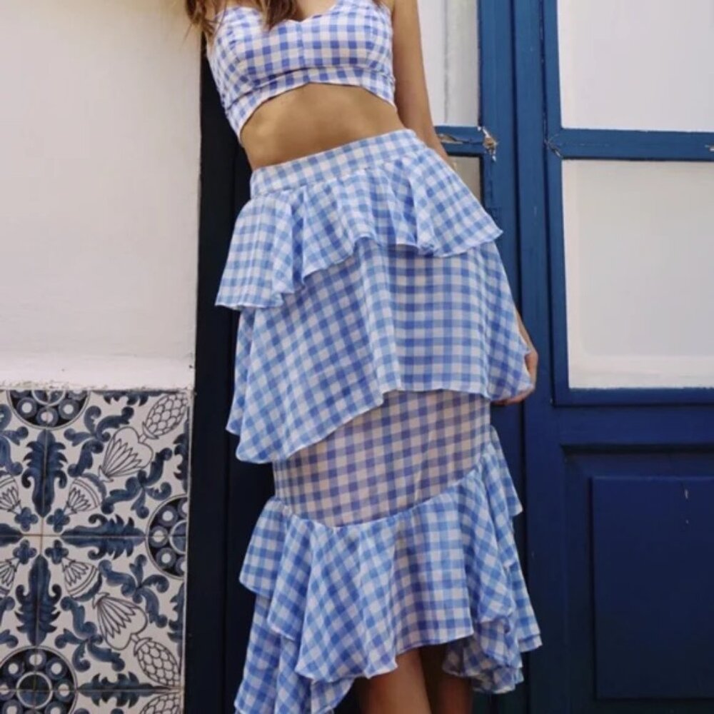 For Love and Lemons Dorothy Blue Gingham Tiered Midi Skirt